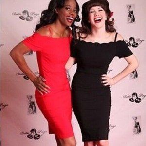 Bettie Page by Tatyana "Elegance" Red Wiggle Dress Retro Off Shoulder Stretch